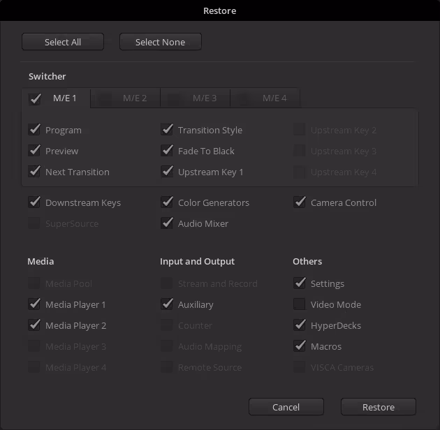 The Restore options dialog with checkboxes for Program, Preview, Camera Control, etc.