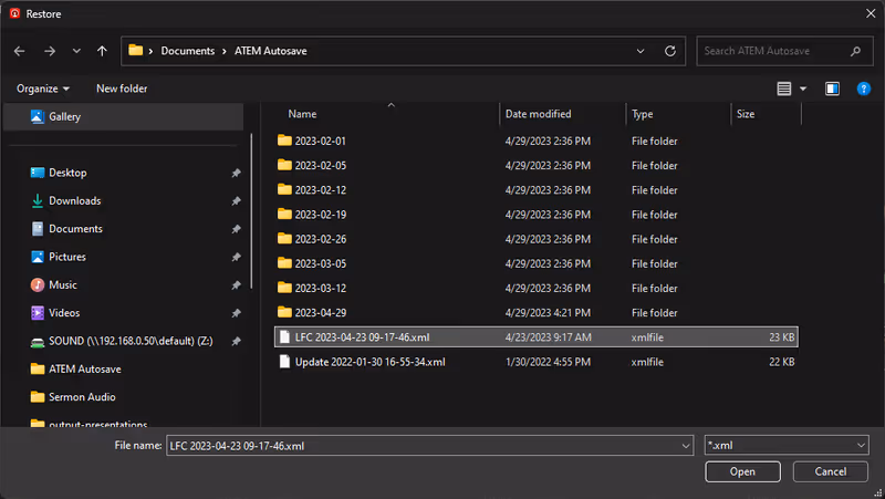 The Restore dialog open in Documents/ATEM Autosave with the LFC config file selected