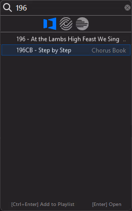 The ProPresenter search popup showing two results for the number 196 — one from Trinity Psalter Hymnal and one from Chorus Book