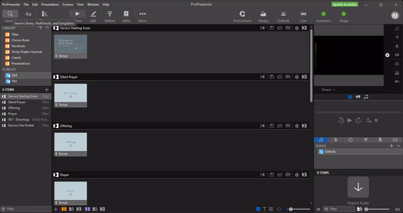 ProPresenter with the AM playlist selected, showing standing items like Service Starting Soon, Silent Prayer, Offering, Prayer, Doxology, and Service Has Ended