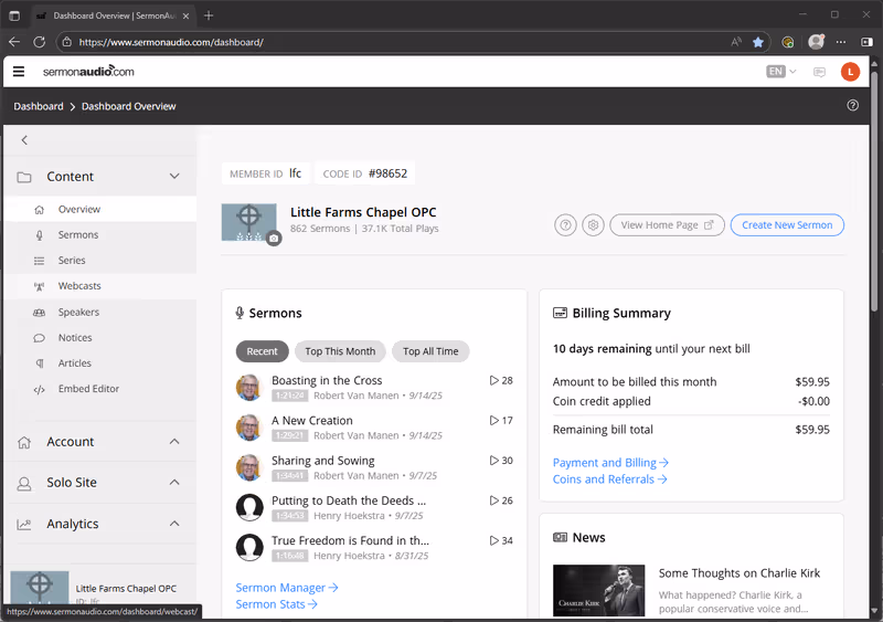 The SermonAudio dashboard showing the left sidebar with Webcasts under the Content section