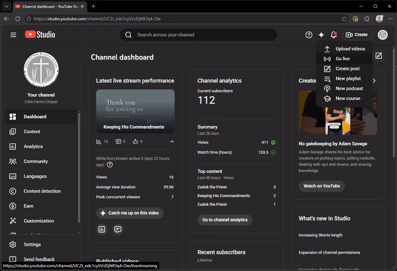 The YouTube Studio channel dashboard with a Create button at the top right