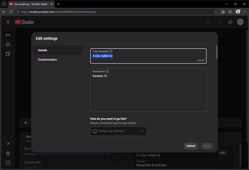 The Edit settings dialog open with the Title field highlighted and a Save button at the bottom right