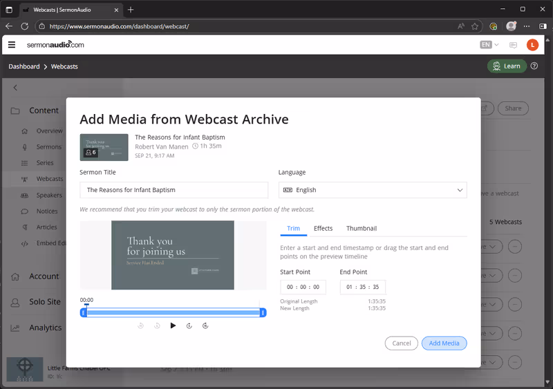 The Add Media from Webcast Archive modal with the sermon title pre-filled, a recommendation to trim, and a timeline at the bottom