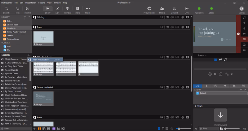 ProPresenter Library panel with the New Presentation context menu open and Ctrl+N highlighted
