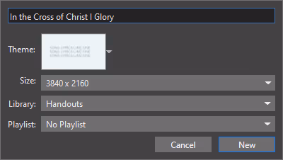The ProPresenter New Presentation dialog with fields for title, theme, size, library, and playlist